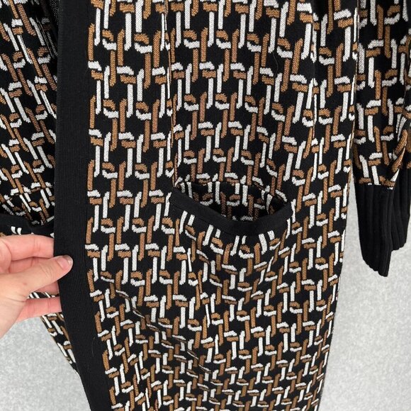 Chicos Chain Print Jacquard Long Cardigan Size L Black Brown Pockets Equestrian - Picture 2 of 11